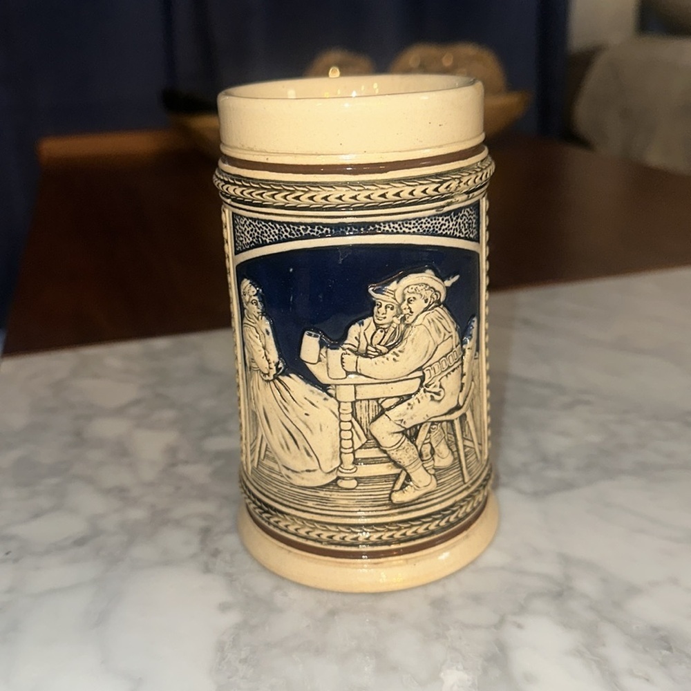 Vintage Ceramic Beer Stein with Blue and Cream Design - Picture 2 of 9